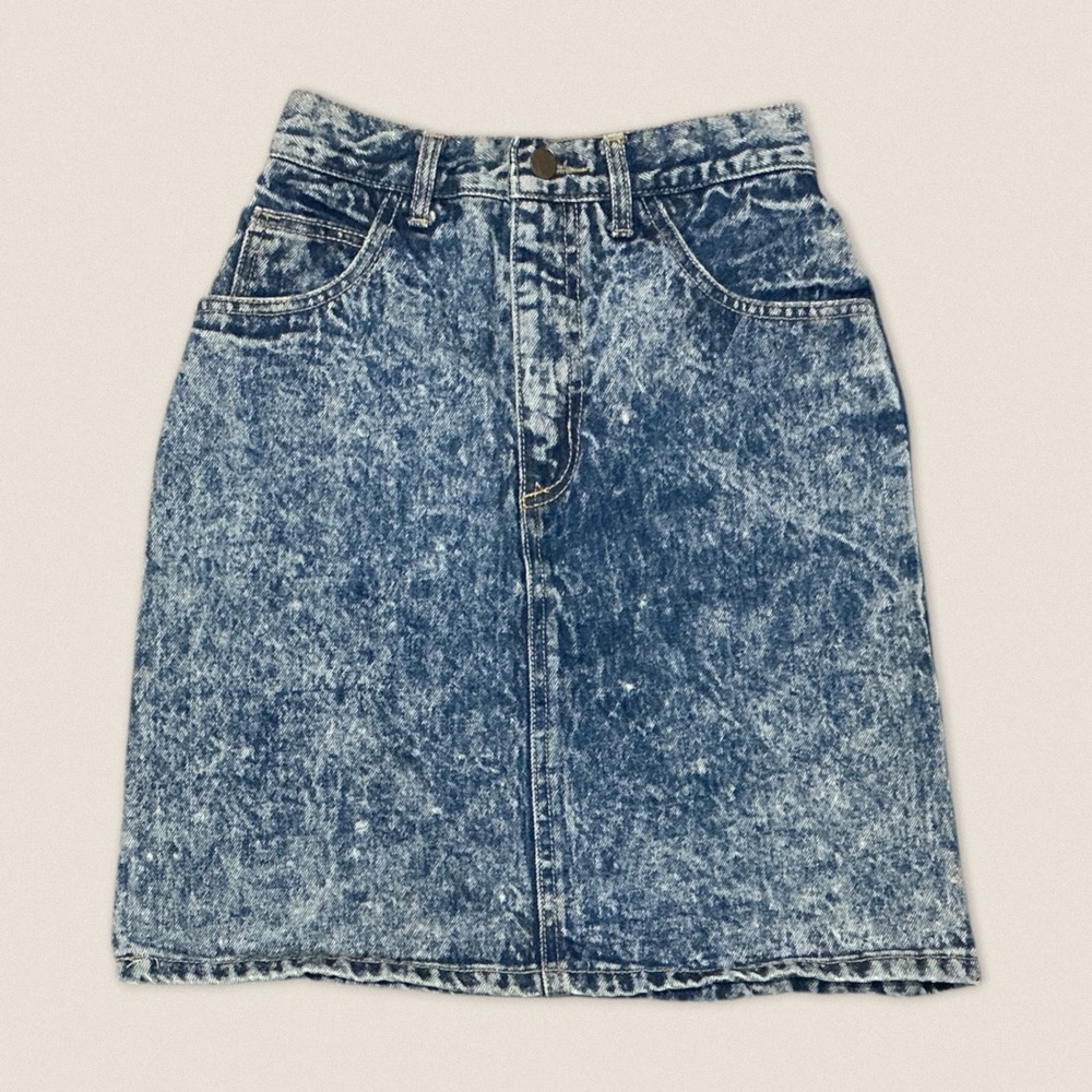 Vintage 80s Guess Georges Marciano Acid Wash High Waisted Denim Skirt - Size 24 - Picture 2 of 9